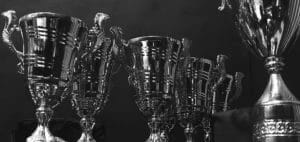 Trophies lined up in a row